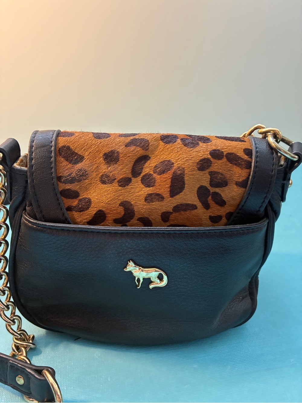 EMMA FOX Black Leather and Leopard Print Crossbody Crescent Mini Bag